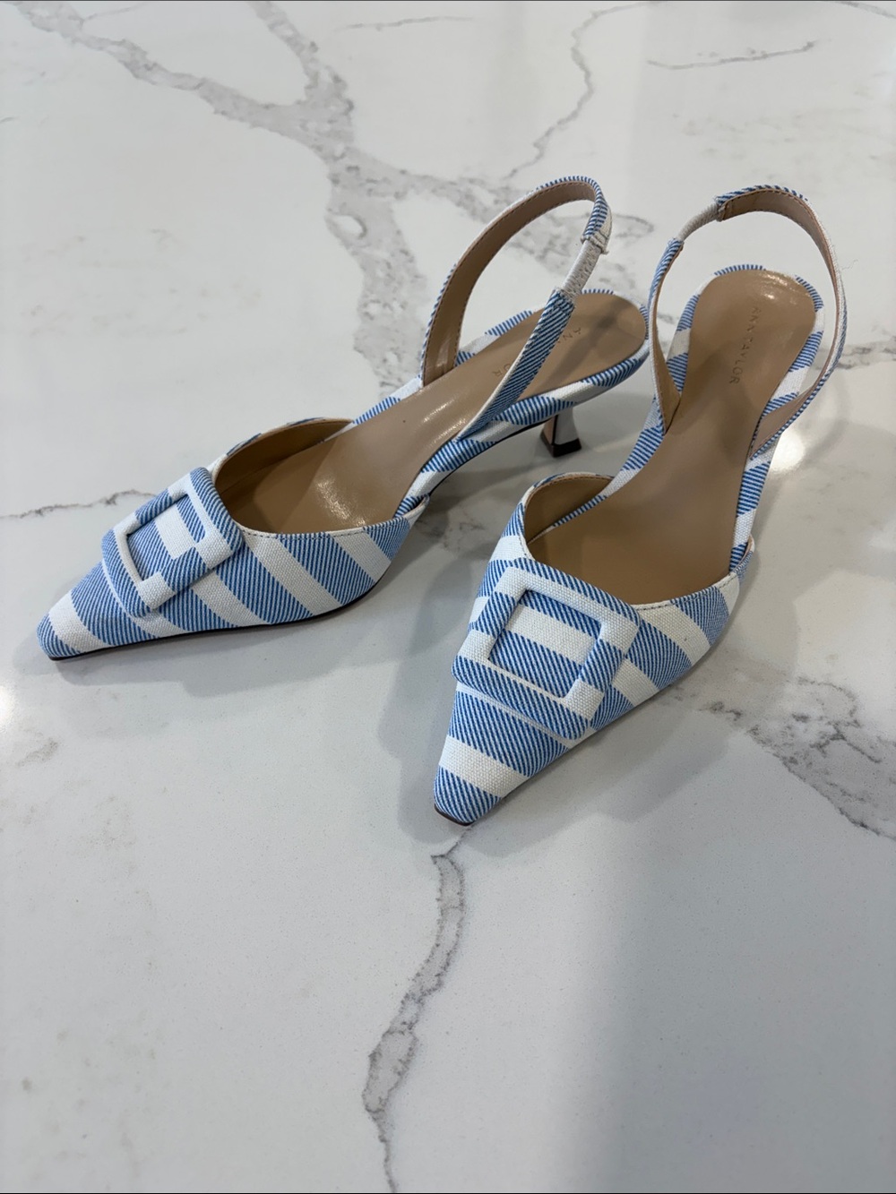 Ann Taylor Pointed Toe Slingback Heels Pumps Blue & White Stripe Pattern Size 6